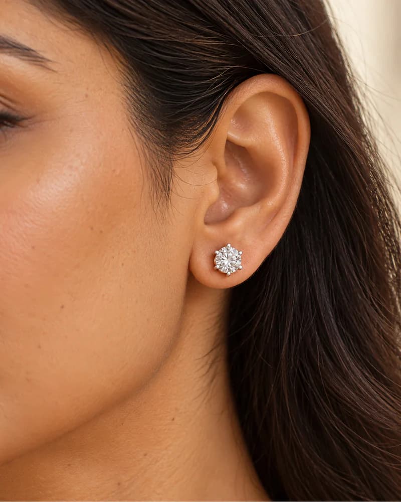 Lab-grown diamond stud earring worn on the ear